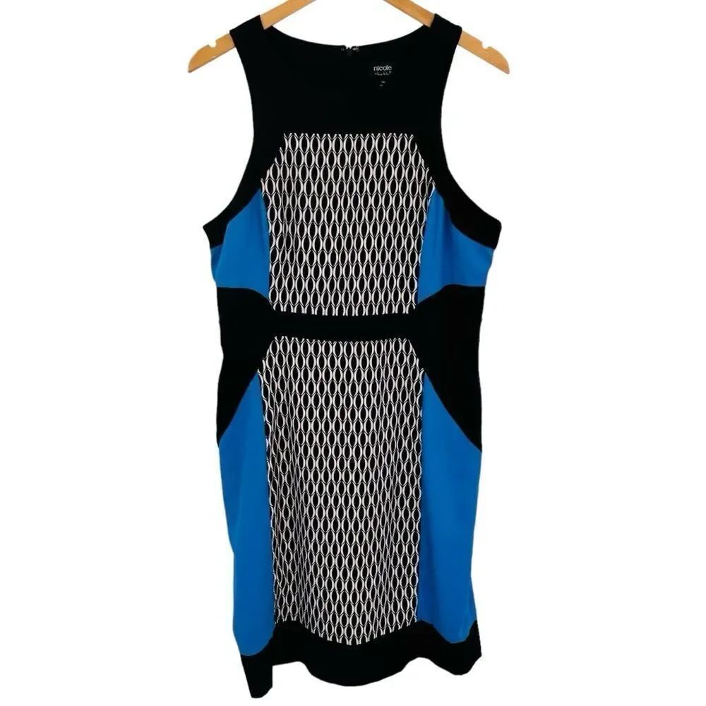 Nicole Miller black white and blue colorblock sheath dress size 14